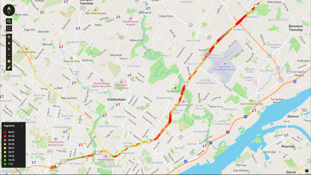 Roosevelt Blvd Speed Distribution map in 2019